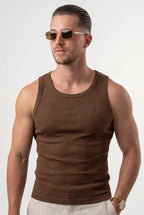 [Chocolate] Man wearing a brown tank top and sunglasses on a white background