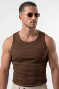 [Chocolate] Man wearing a brown tank top and sunglasses on a white background